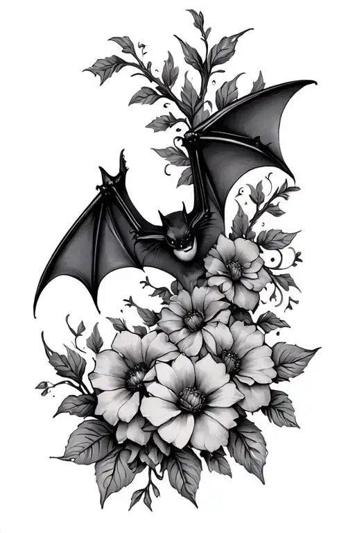 bat with gothic flowers tattoo design idea