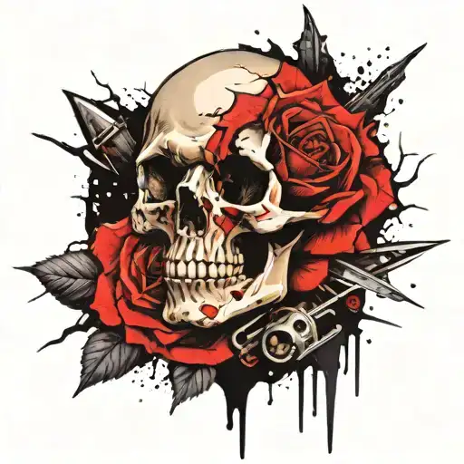 A cracked skull whit a knife in the middle with a rose around and the rose came from the right eye socket. tattoo design idea