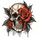 A cracked skull whit a knife in the middle with a rose around and the rose came from the right eye socket. tattoo design idea