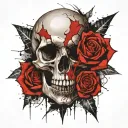 A cracked skull whit a knife in the middle with a rose around and the rose came from the right eye socket. tattoo design idea