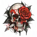 A cracked skull whit a knife in the middle with a rose around and the rose came from the right eye socket. tattoo design idea