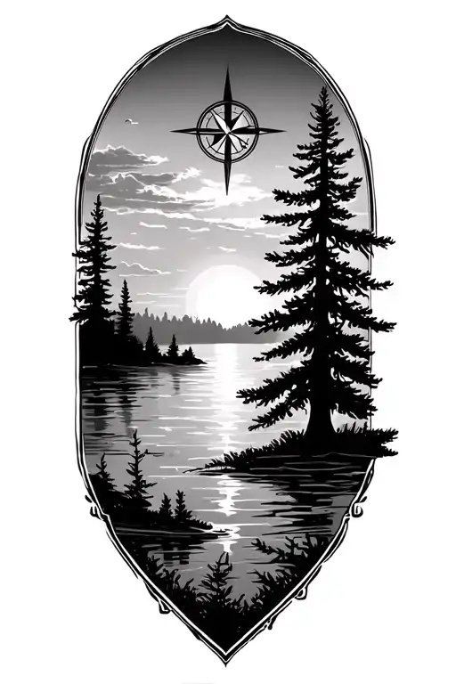 nature, pinetrees. sunset, compass rose tattoo design idea
