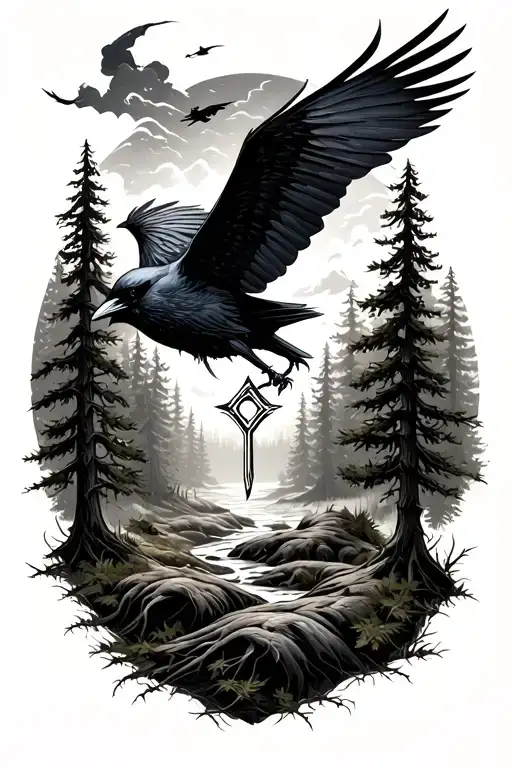 Pine forest with Odin's crow flying in the sky and a rune in the middle tattoo design idea