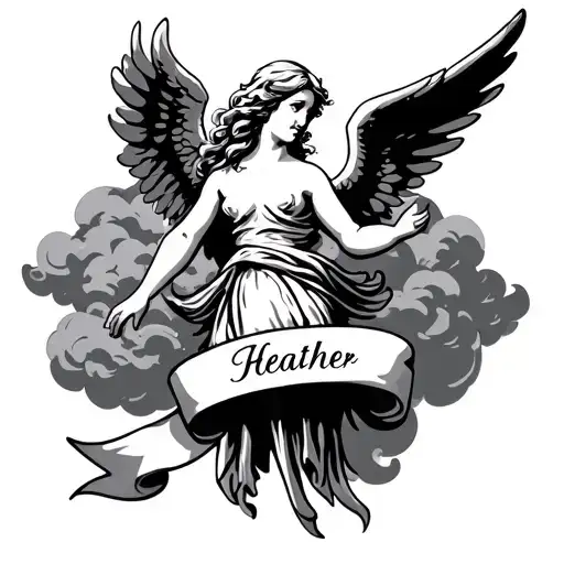 black and grey beautiful angel with smooth clouds and a ribbon banner with the name heather in the ribbon banner  tattoo design idea