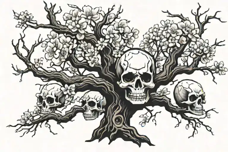 cherry blossom tree with skulls hidden and blending into trunk tattoo design idea