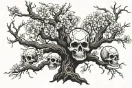 cherry blossom tree with skulls hidden and blending into trunk tattoo design idea