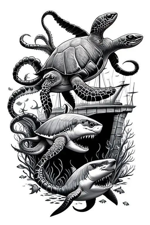 underwater scene featuring turtles, shipwreck, shark, fish and octopus tattoo design idea