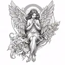 Create a tattoo design in grayscale with a plain white background(transparent preferred). The reference is the angel cha tattoo design idea