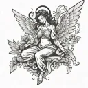 Create a tattoo design in grayscale with a plain white background(transparent preferred). The reference is the angel cha tattoo design idea