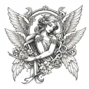 Create a tattoo design in grayscale with a plain white background(transparent preferred). The reference is the angel cha tattoo design idea