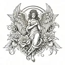 Create a tattoo design in grayscale with a plain white background(transparent preferred). The reference is the angel cha tattoo design idea