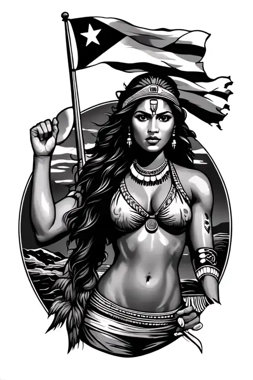 Taino puerto rican woman holding puerto rico flag waving tattoo design idea