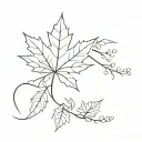 A tiny single needle black and white lower arm sleeve includi a maple leaf with embellishments around it to make it flow tattoo design idea