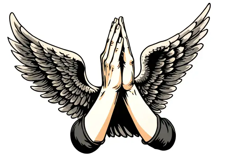 praying hands with angel wings tattoo design idea