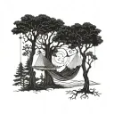three hammocks strung up between two trees in the middle of the forest on a moonlit night  tattoo design idea