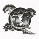 three hammocks strung up between two trees in the middle of the forest on a moonlit night  tattoo design idea
