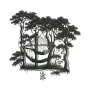 three hammocks strung up between two trees in the middle of the forest on a moonlit night  tattoo design idea