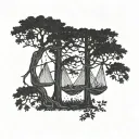 three hammocks strung up between two trees in the middle of the forest on a moonlit night  tattoo design idea