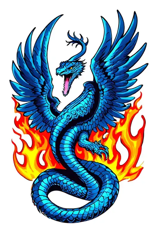 cobra with phoenix wings rising from flames tattoo design idea