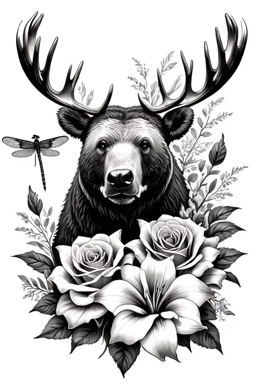 floral piece that is roses and lilies with a bear and a moose and a dragonfly mixed in  tattoo design idea
