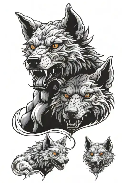 Cerberus with wolf heads wrapped to form a heart shape  tattoo design idea