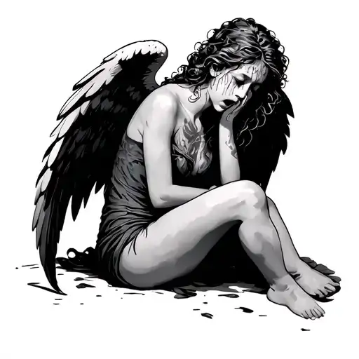 crying fallen angel sitting tattoo design idea