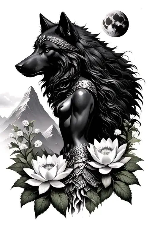 sexy Athena goddess surrounded by poeny and lotus flowers growing with a black wolf in a mountain range with a moon tattoo design idea