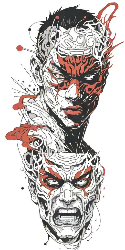 male anime character wearing oni mask fighting off inner demons  tattoo design idea