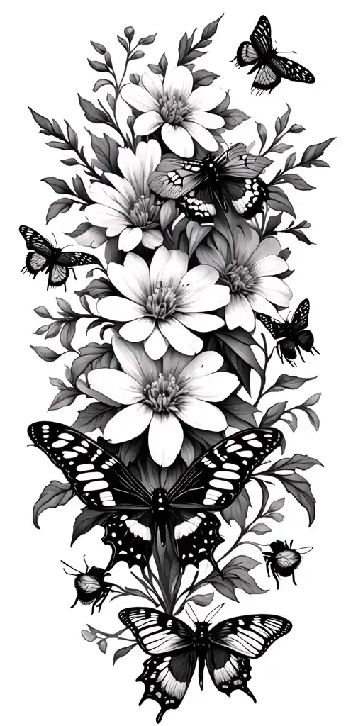 floral design with butterflies and bees pollinating tattoo design idea