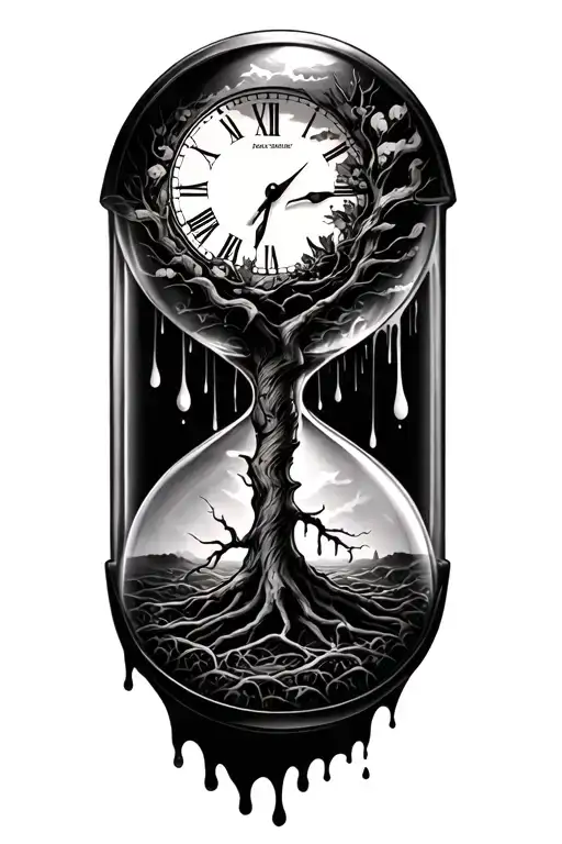 melting clock in an hour glass, tree of life and the fall of icarus tattoo design idea