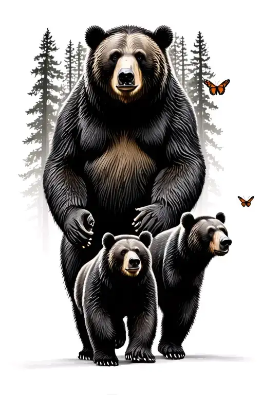 Papa bear and 3 black bear cubs and 2 monarch butterfly walking in the wilderness trees tattoo design idea