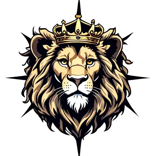 lion with crown and compass behind tattoo design idea