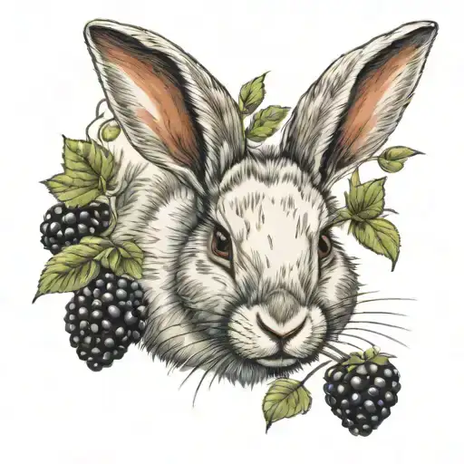 white bunny head with brown markings surrounded by blackberries tattoo design idea