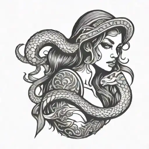 beautiful curvy girl holding an angry snake tattoo design idea