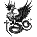 Phoenix combined with fallen angel, a snake and a cross tattoo design idea