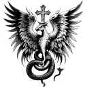 Phoenix combined with fallen angel, a snake and a cross tattoo design idea