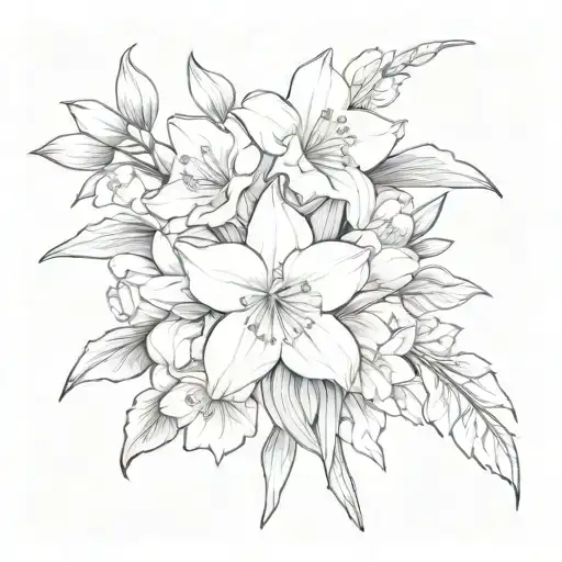 primose, daffodil, cherry blossom, peony bouquet tattoo design idea