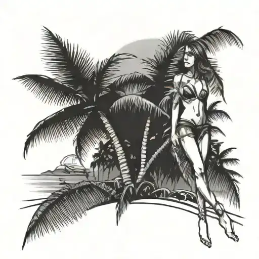 A sexy girl in a bikini stands under a coconut tree on the beach tattoo design idea