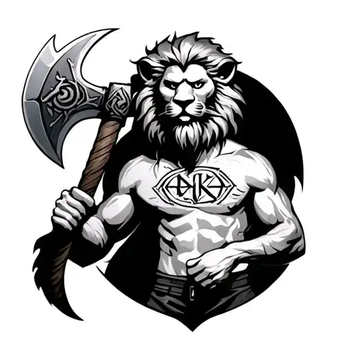 shirtless lion headed man with norse letters on his chest, and the leviathan axe in his right hand tattoo design idea