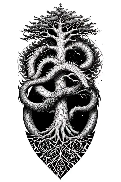 Nordic geometric dotwork tattoo design, Yggdrasil world tree in the center, aggressive dragon wrapped around the tree tattoo design idea
