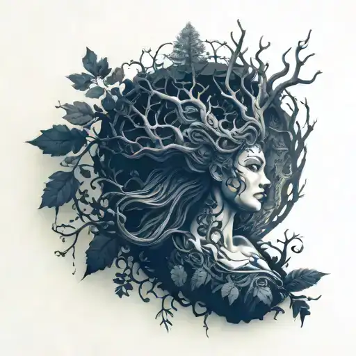 feminine nature, dark forest goddess tattoo design idea