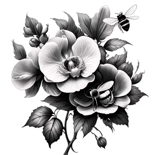 orchids ranunculus and a bee tattoo design idea