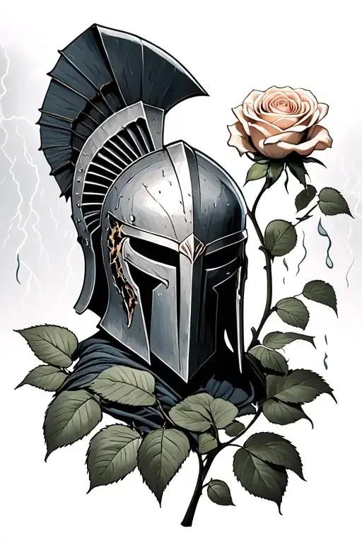 scarred spartan helmed. in a thunder storm. smal rose growing. tattoo design idea