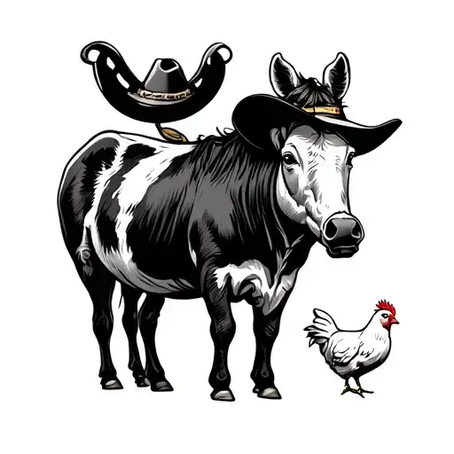 donkey  horse chicken cow pig farm horseshoe black and white cowboy hat sceen tattoo design idea