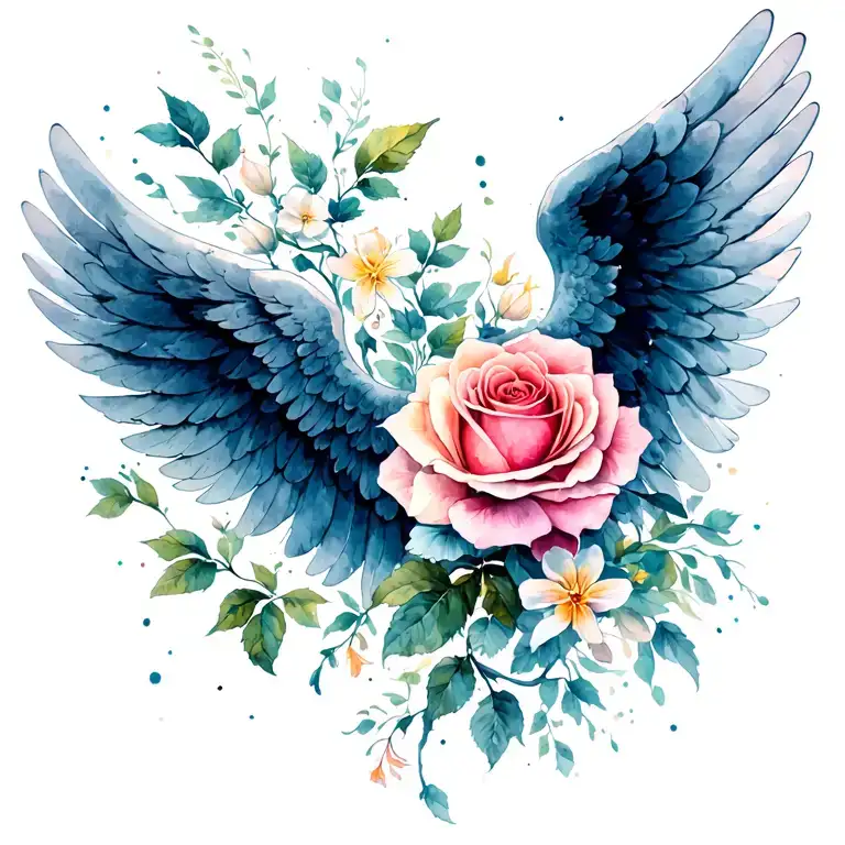 angel wing, daphodile, rose, honeysuckle intertwined tattoo design idea