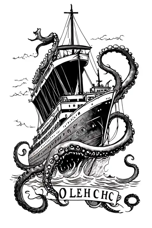 titanic sinking with a Kraken underneath it with "LEHC" around the borders tattoo design idea