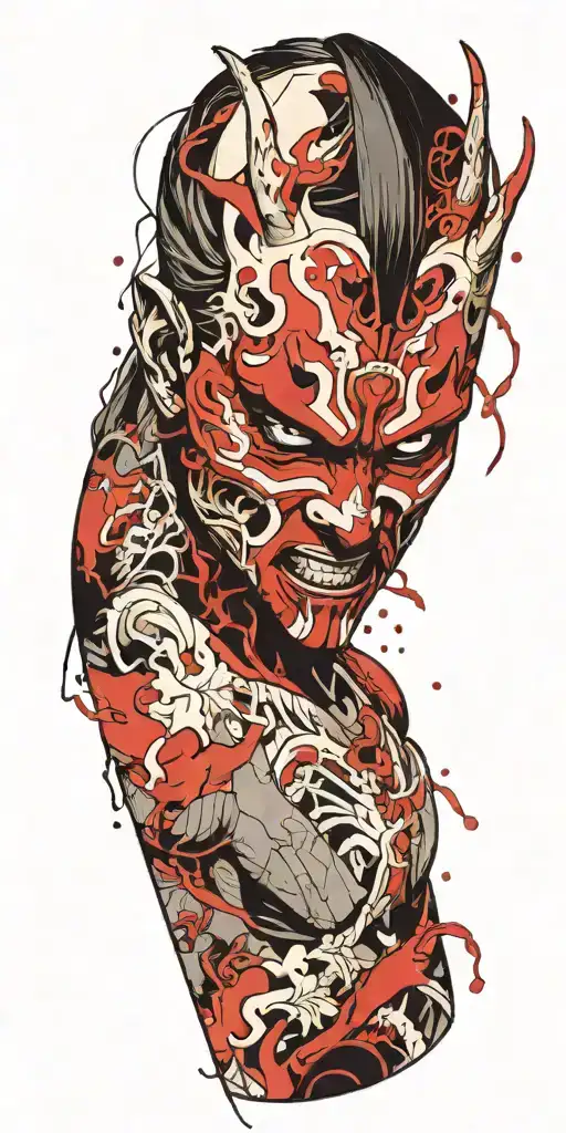 male anime character wearing oni mask fighting off inner demons  tattoo design idea