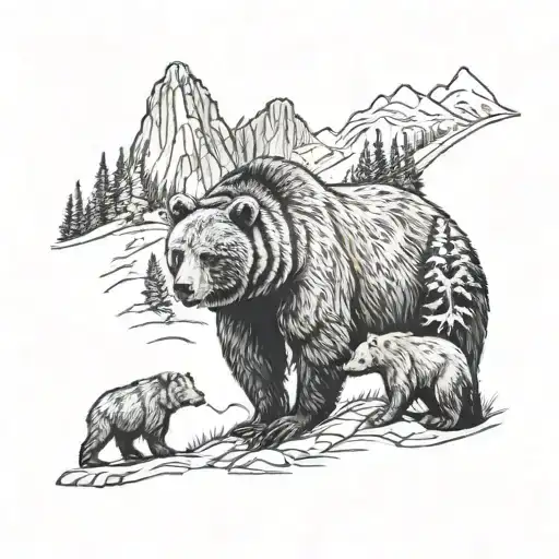 Bear with two children in the forest and mountain landscape with a tattoo design idea