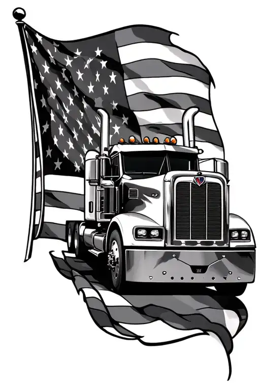 peterbilt, machinery and American flag tattoo design idea