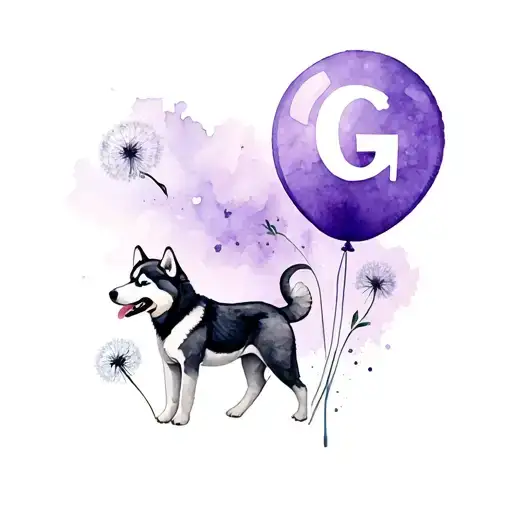 siberian husky, purple balloon flying, dandelion flower, elephant, G letter tattoo design idea